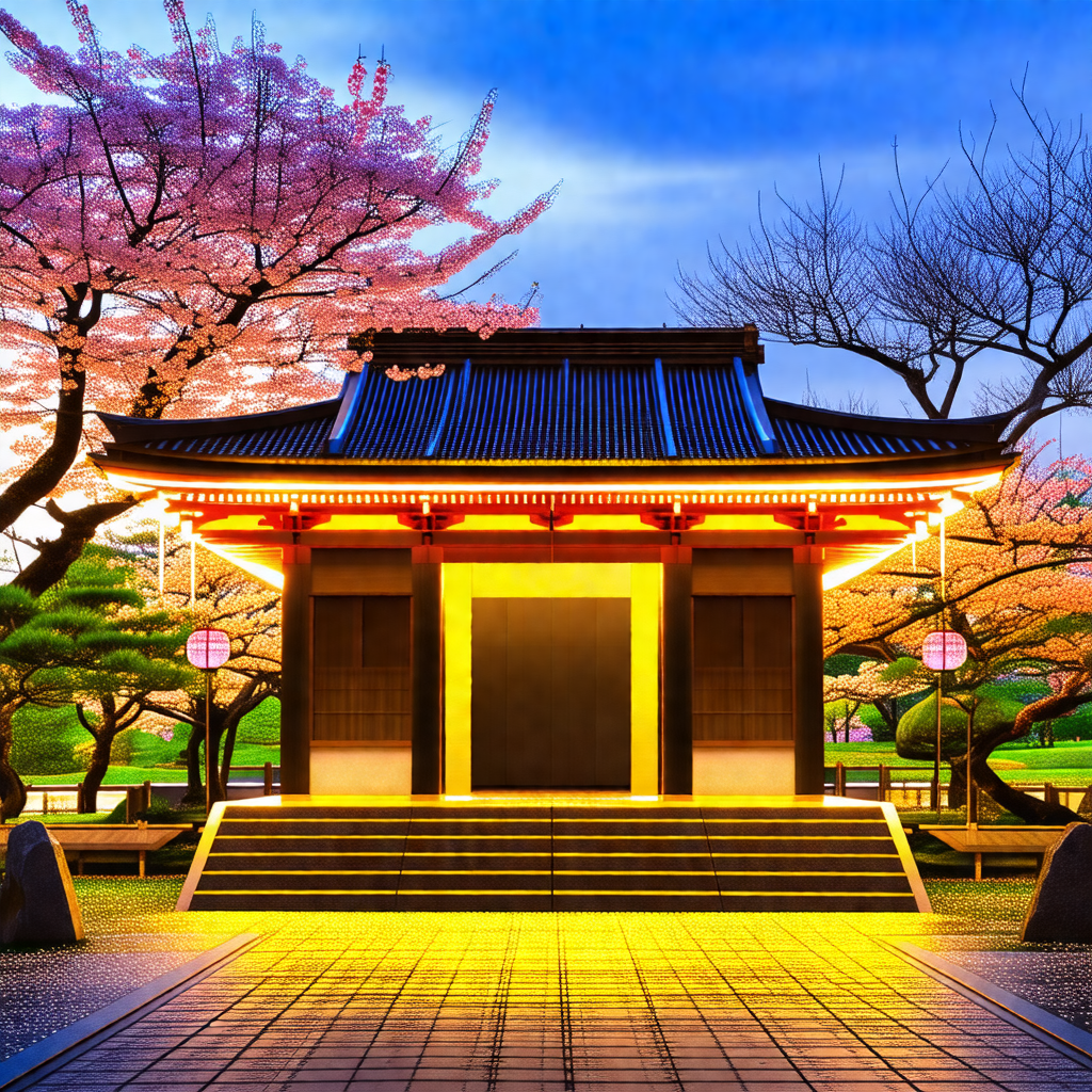 Beautiful asian-style building with a red roof, surrounde...
