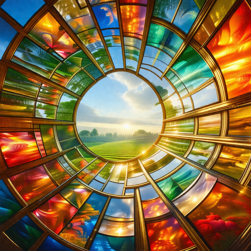 Stained glass window with a sunset scene depicted in its ...