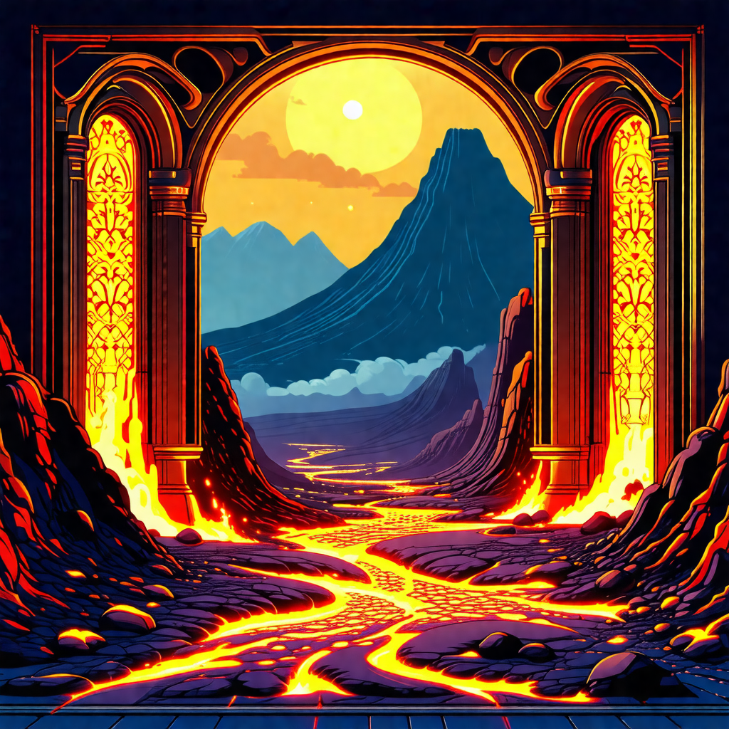 Colorful and detailed illustration of a mountainous lands...