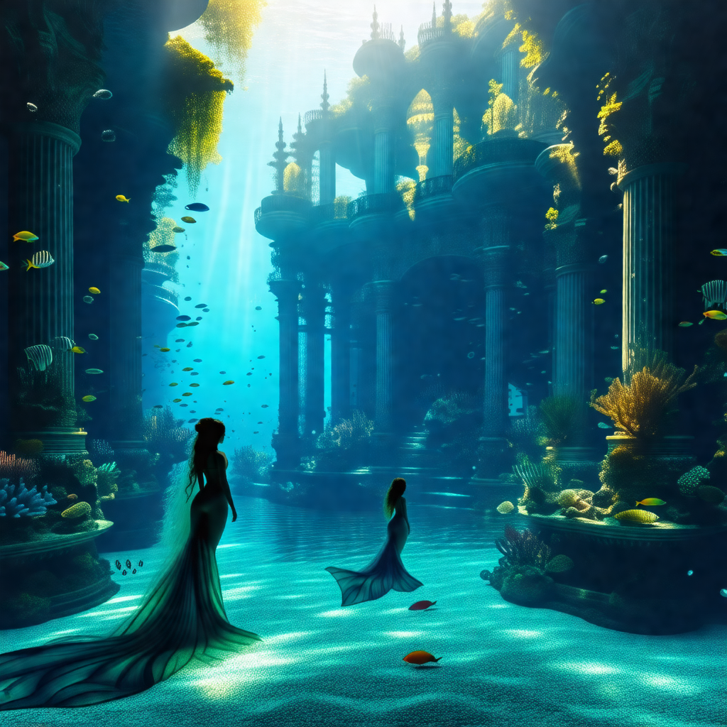 Beautiful underwater scene with two women standing in the...