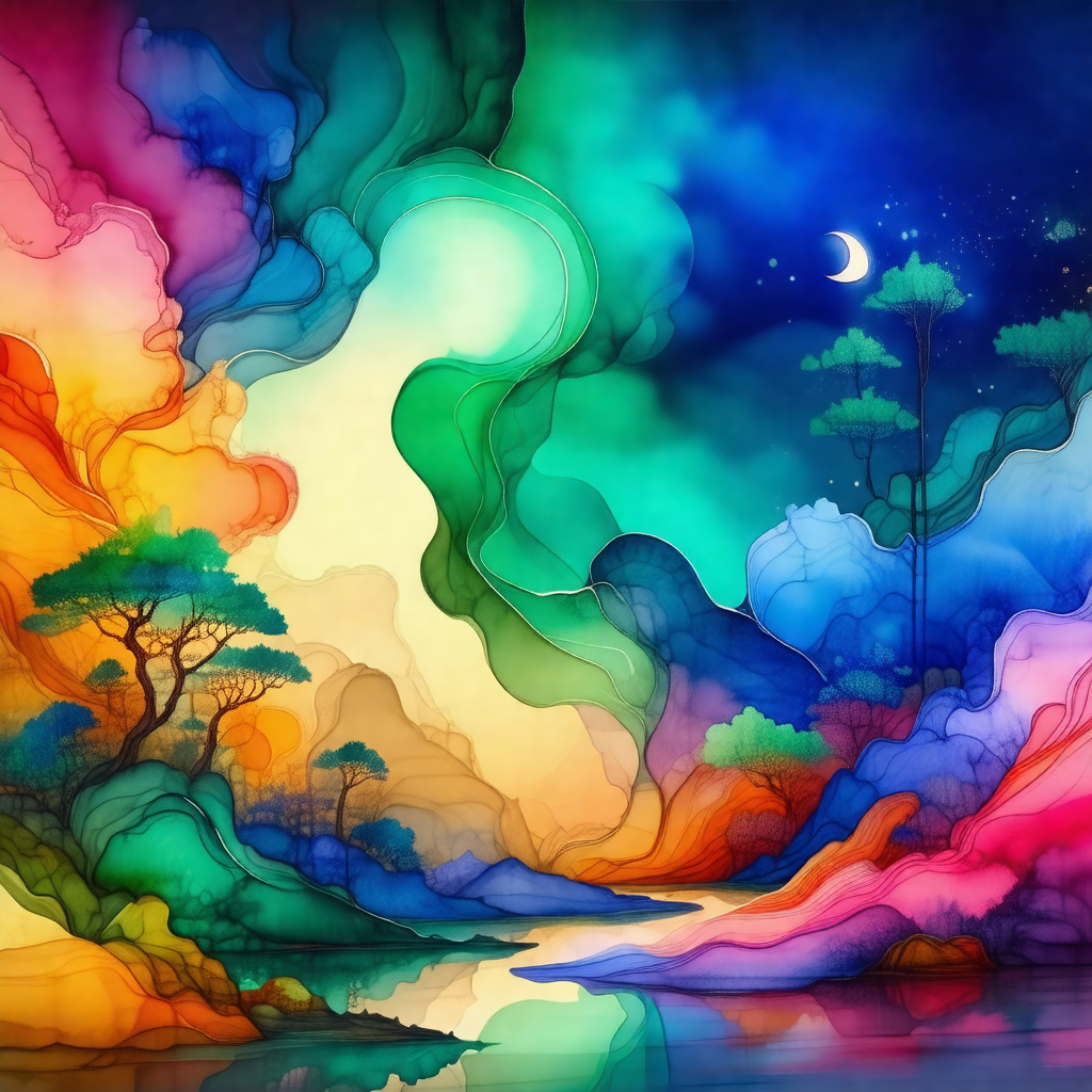 Colorful painting of a forest at night