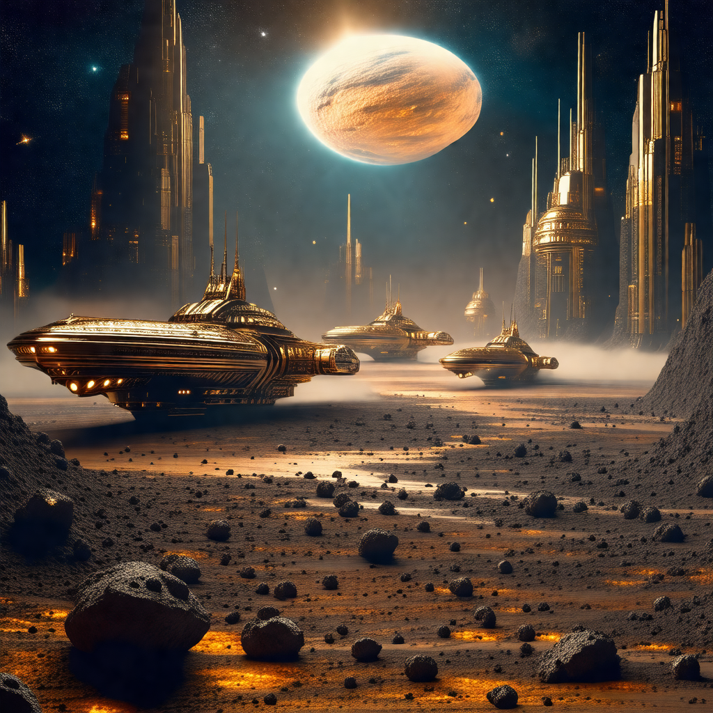 Futuristic scene with a large spaceship flying through th...