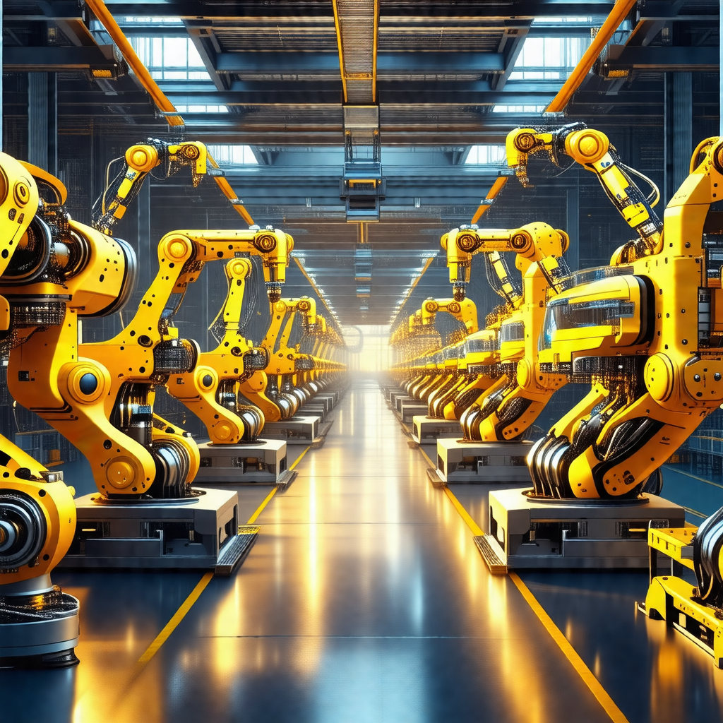 Factory with a large number of yellow robots lined up in ...