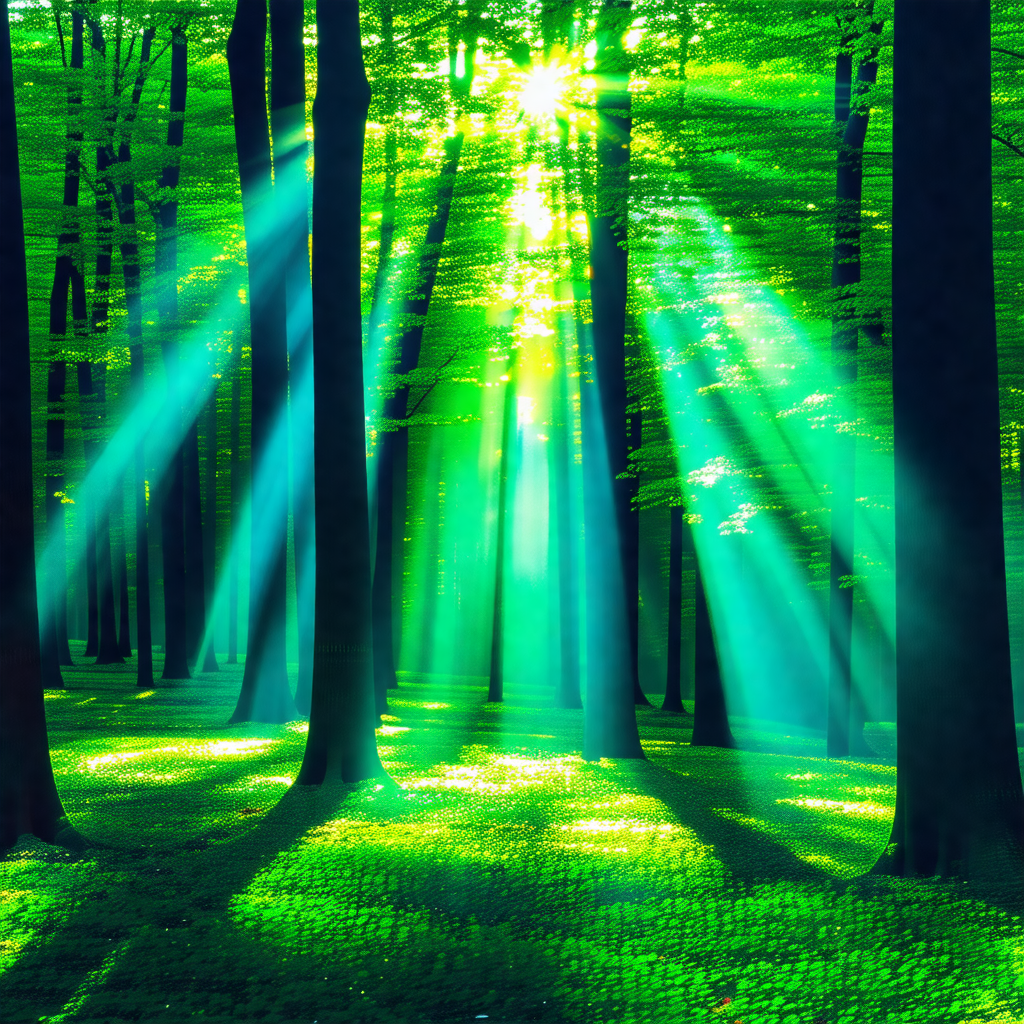 Lush green forest with a bright sun shining through the t...