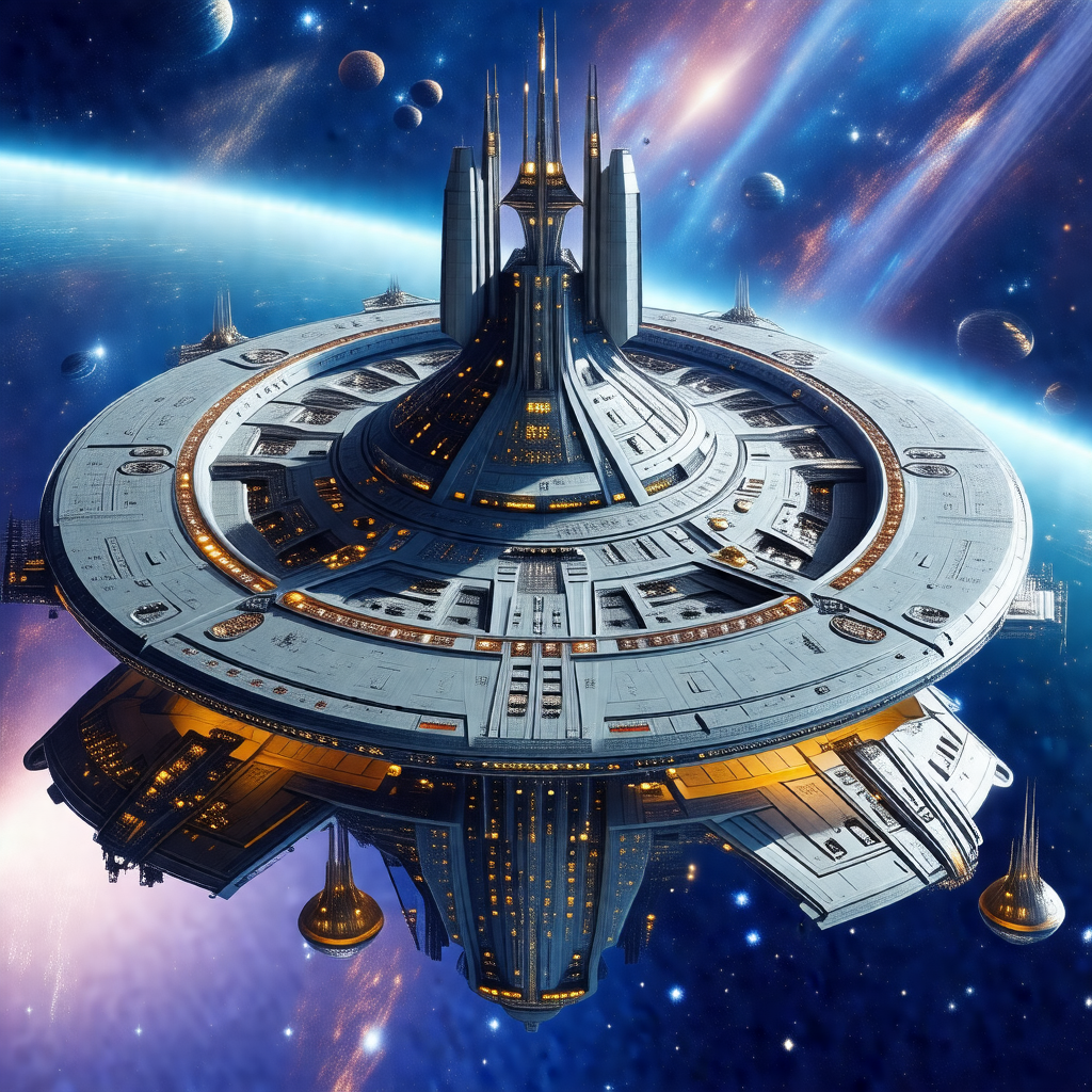 Futuristic spacecraft with a large, circular structure at...