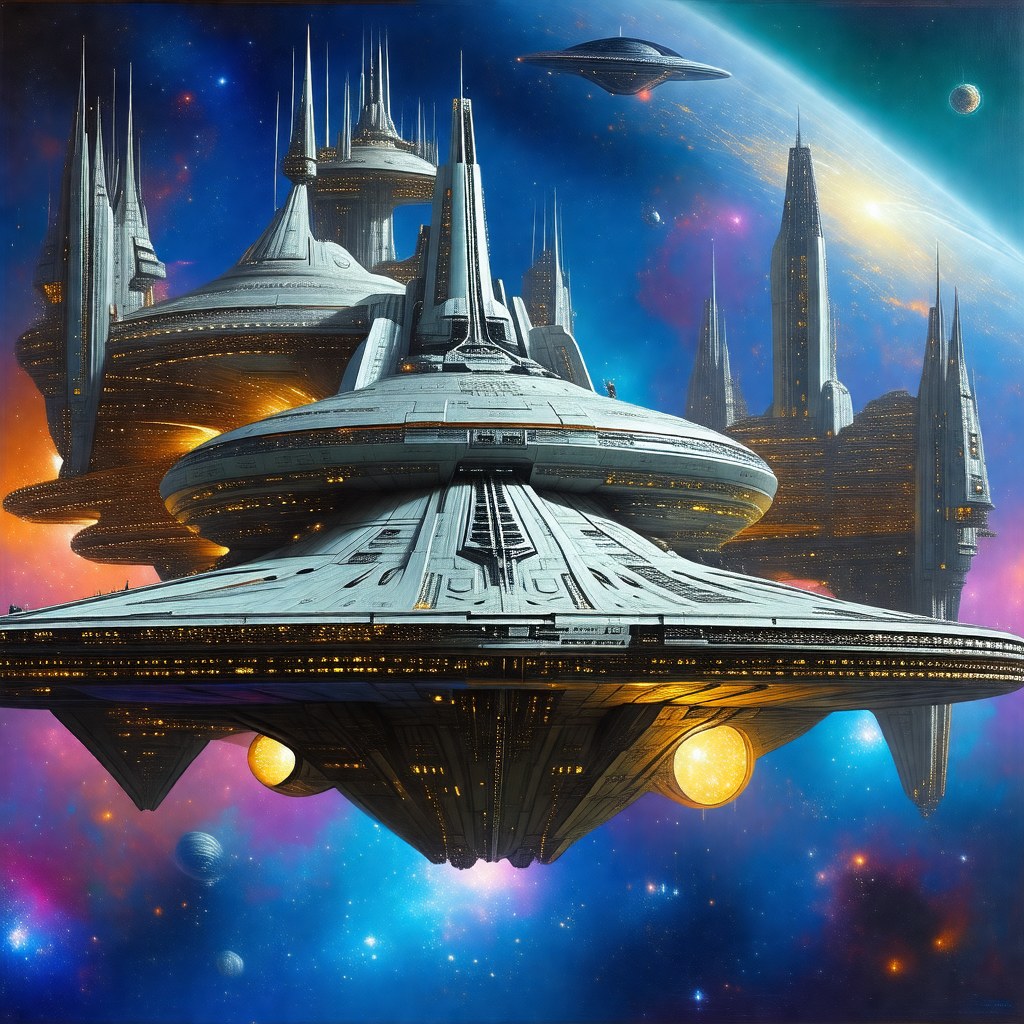 Futuristic city with a large, circular spacecraft as the ...