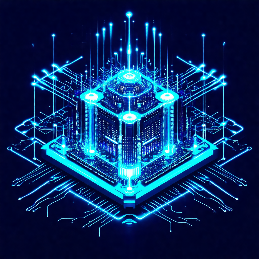 Blue and white illustration of a futuristic building