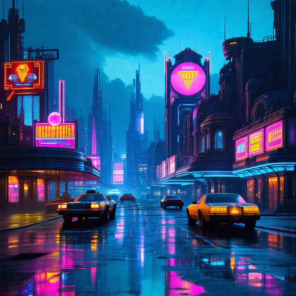 Colorful, futuristic cityscape with a rain-soaked street