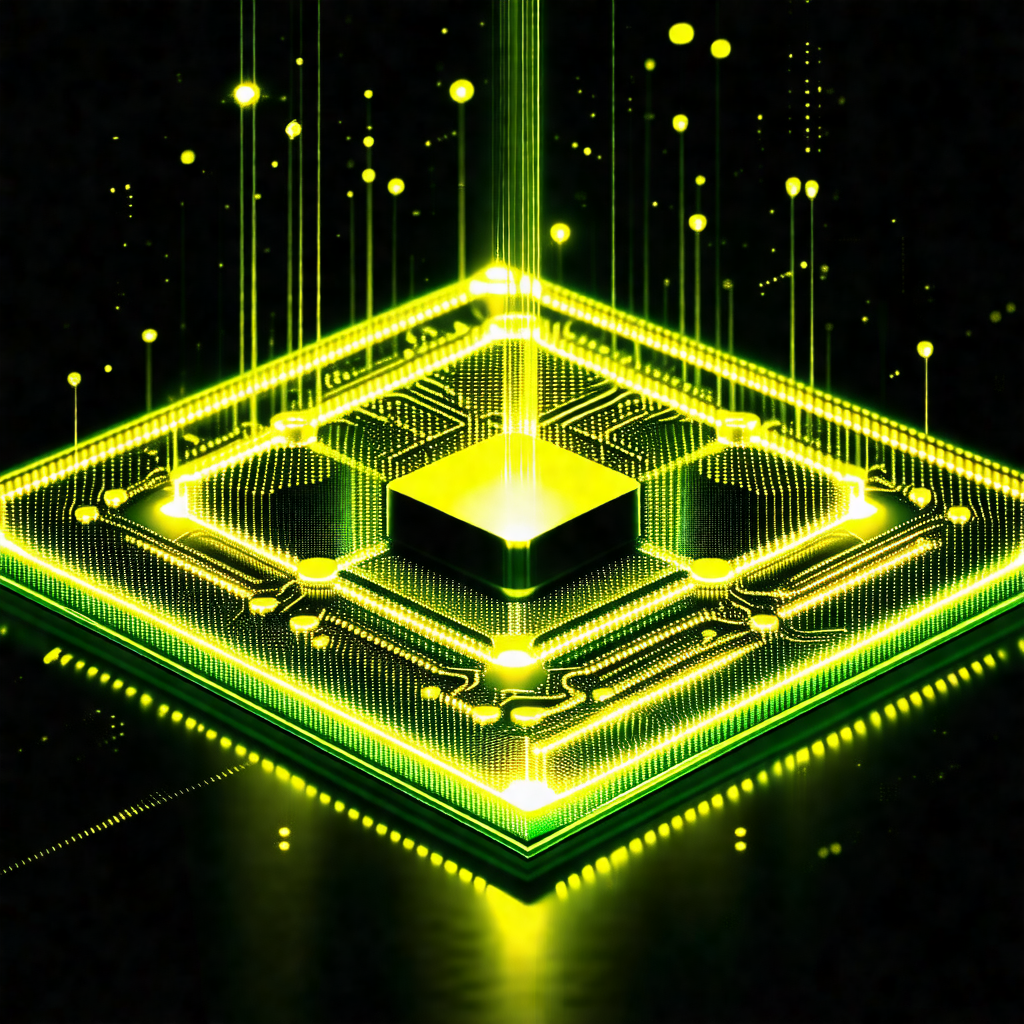 Green and yellow computer circuit board with a square shape