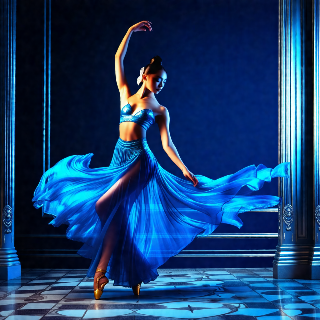Woman in a blue dress, dancing gracefully in a room