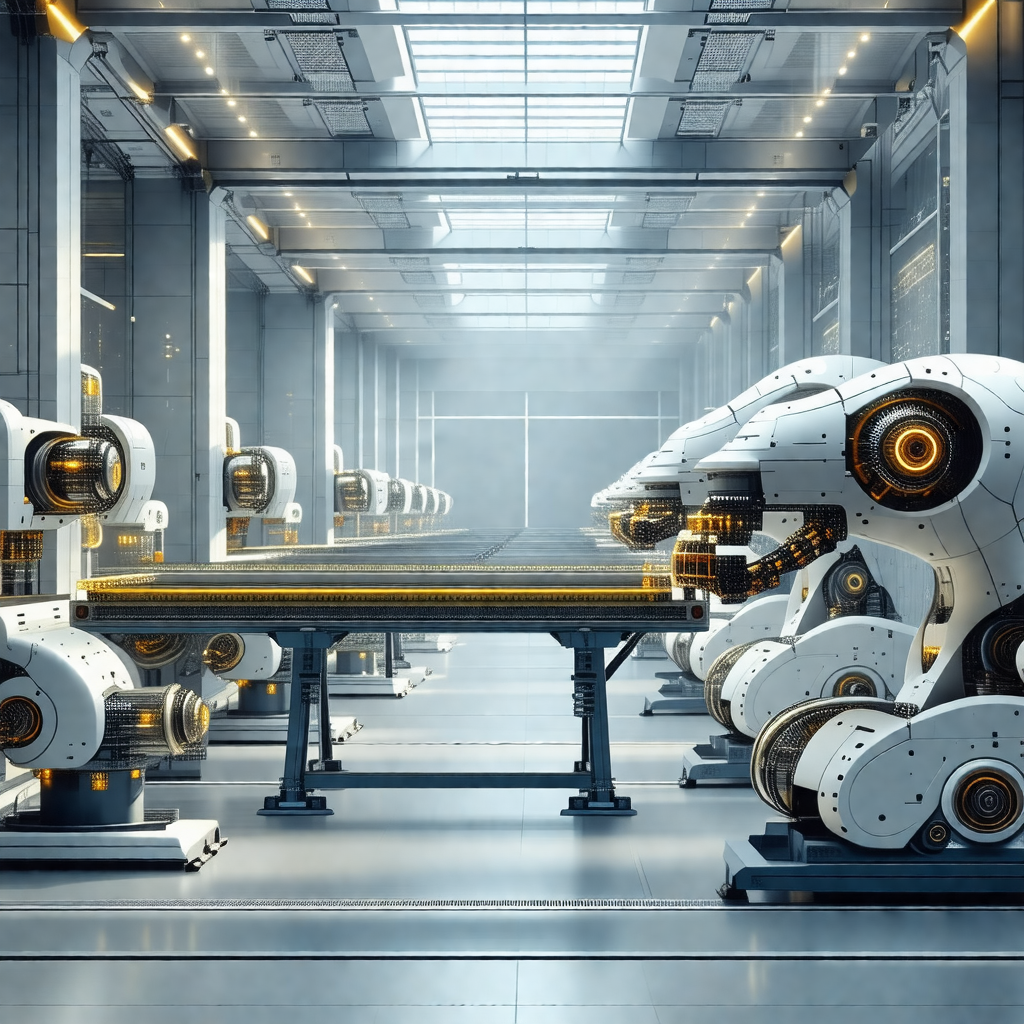 Large factory with a row of white robots lined up on a co...