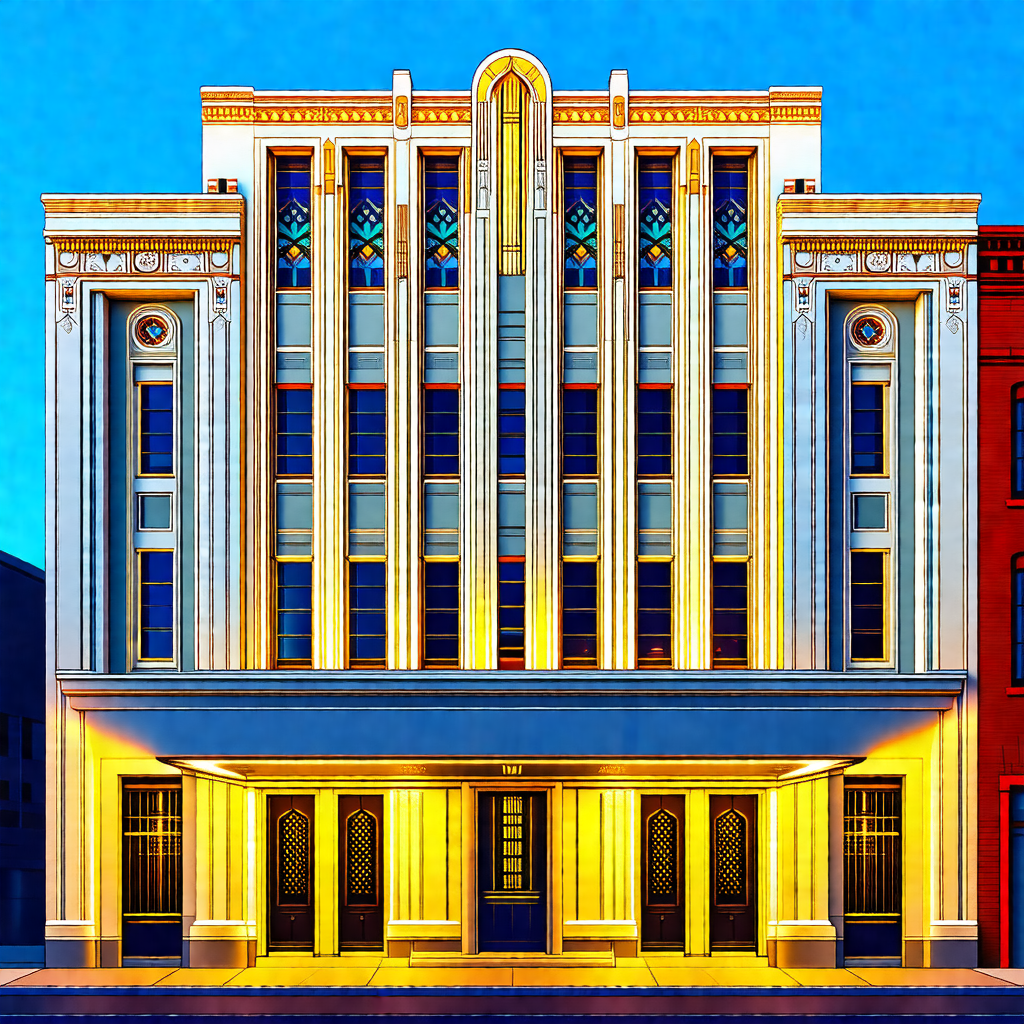 Painting of a large white building with a yellow and blue...