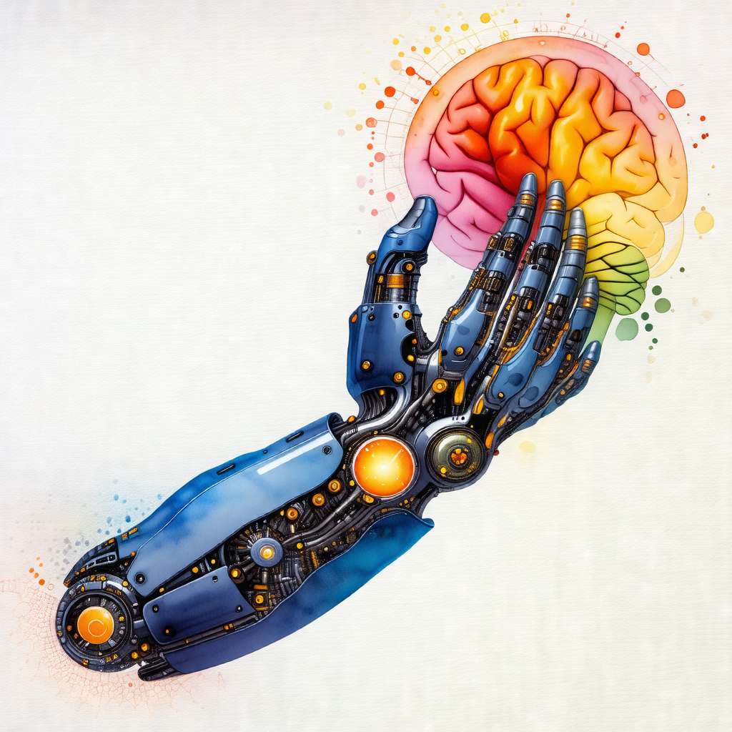 Robotic hand holding a colorful, rainbow-colored brain