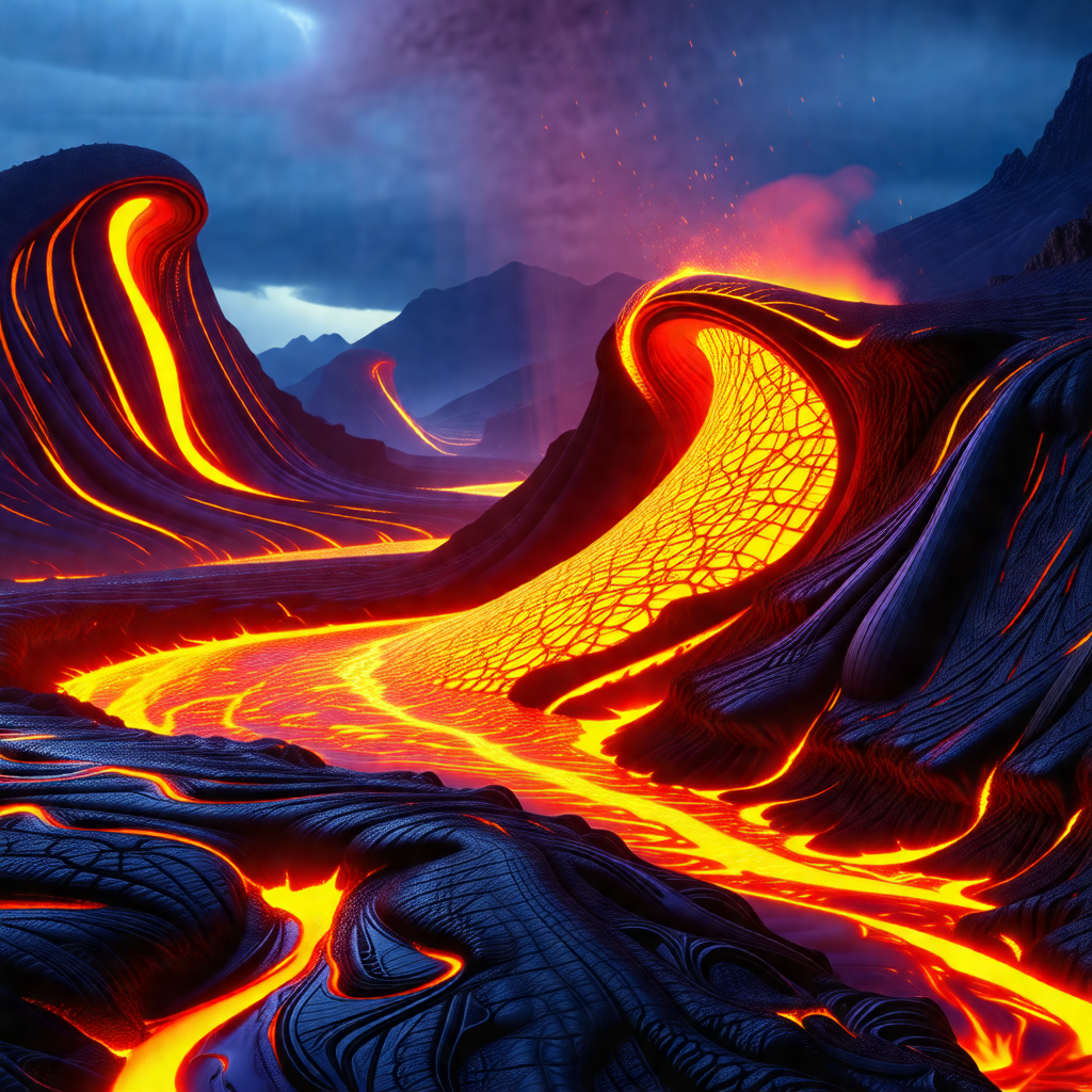Digital painting of a volcano with a flowing lava river