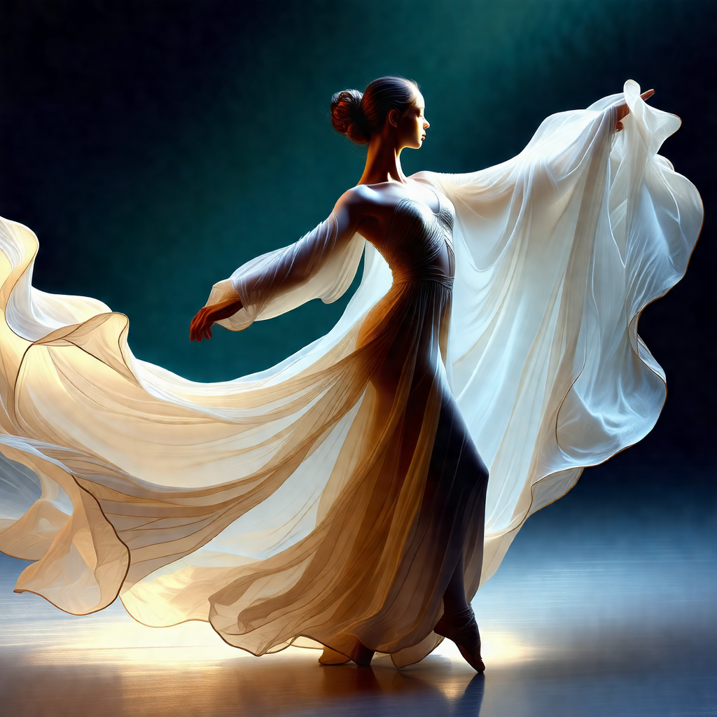 Woman in a white dress, gracefully dancing on a stage