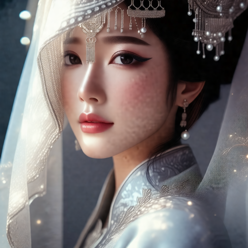 Woman wearing a white veil and a traditional chinese dress