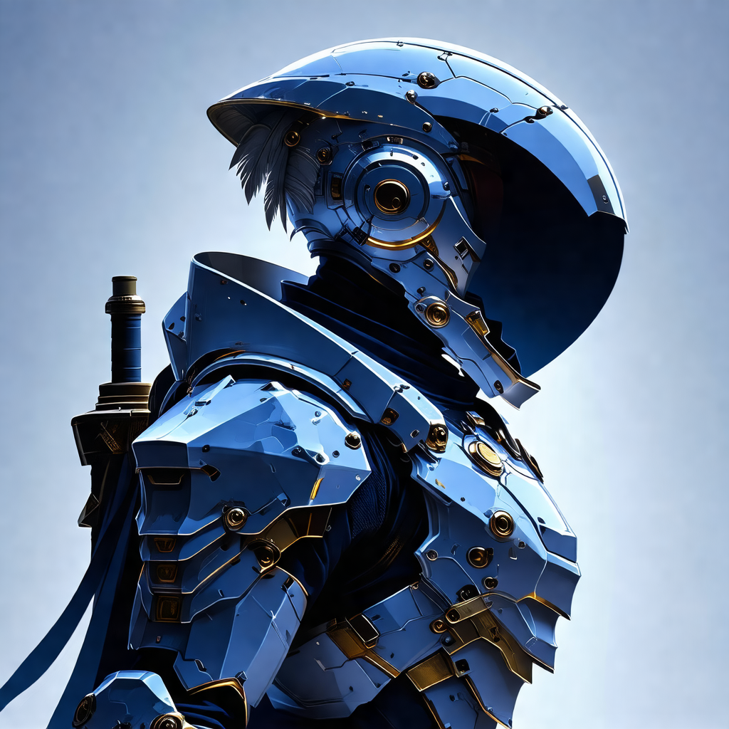 Futuristic robot with a blue helmet, standing in a dark b...