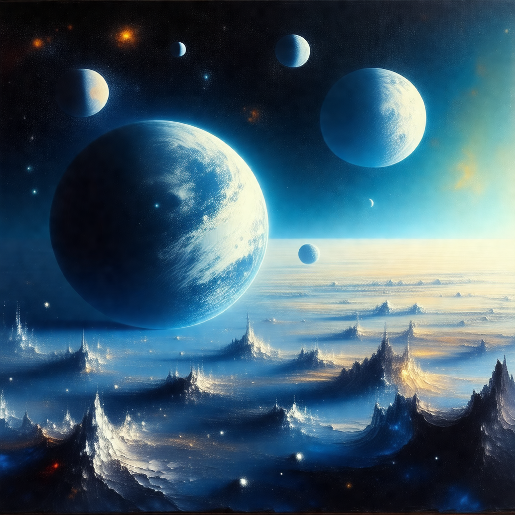 Painting of a futuristic scene with a blue planet in the ...