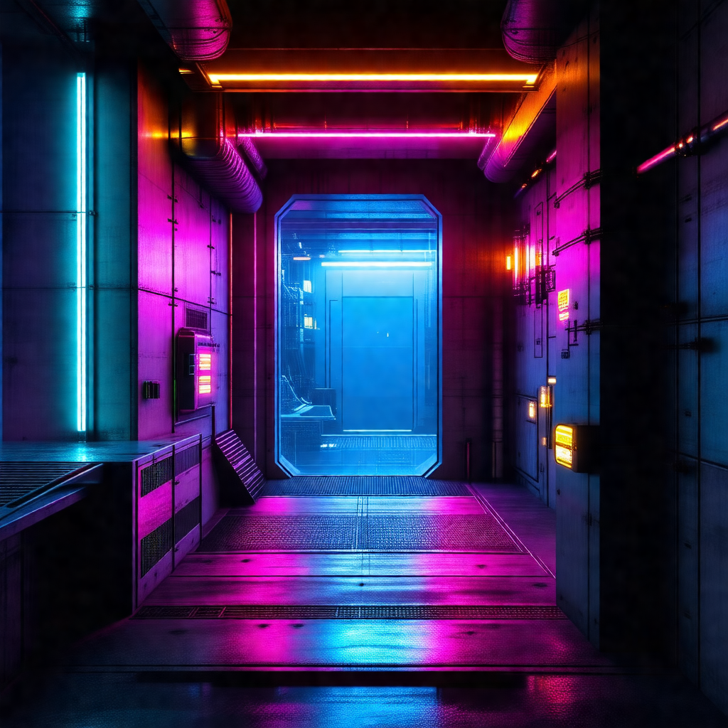 Futuristic, colorful room with a doorway that leads to a ...