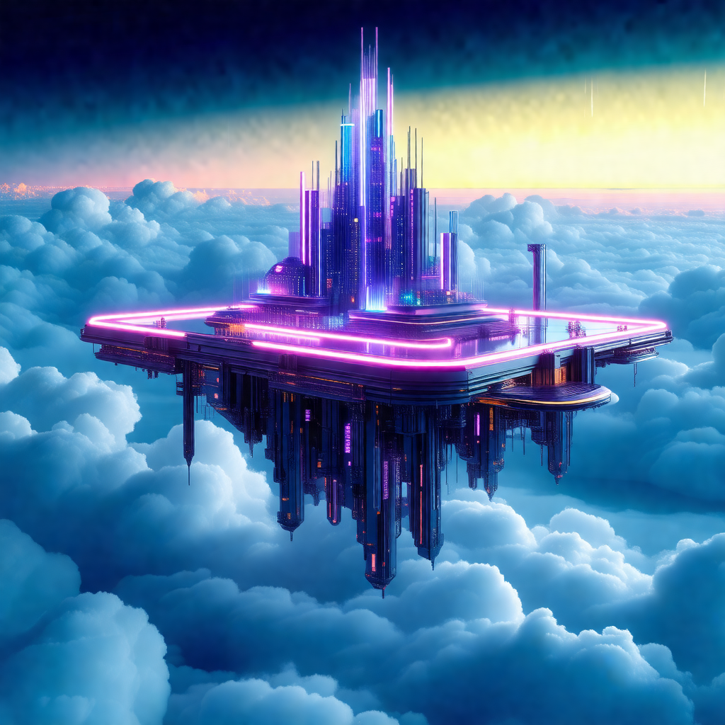 Futuristic city floating in the sky, surrounded by clouds
