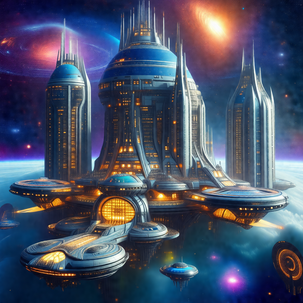 Futuristic, computer-generated artwork featuring a large,...