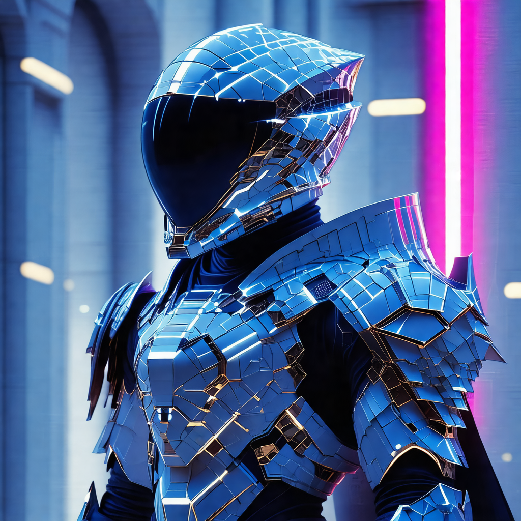 Futuristic robot with a blue and gold metallic suit