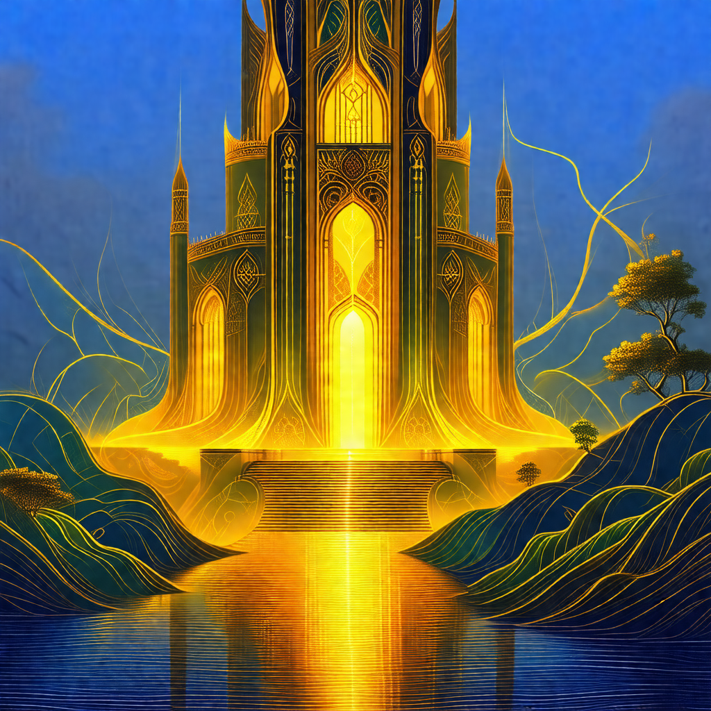 Majestic castle with a tall tower, situated on a hill ove...