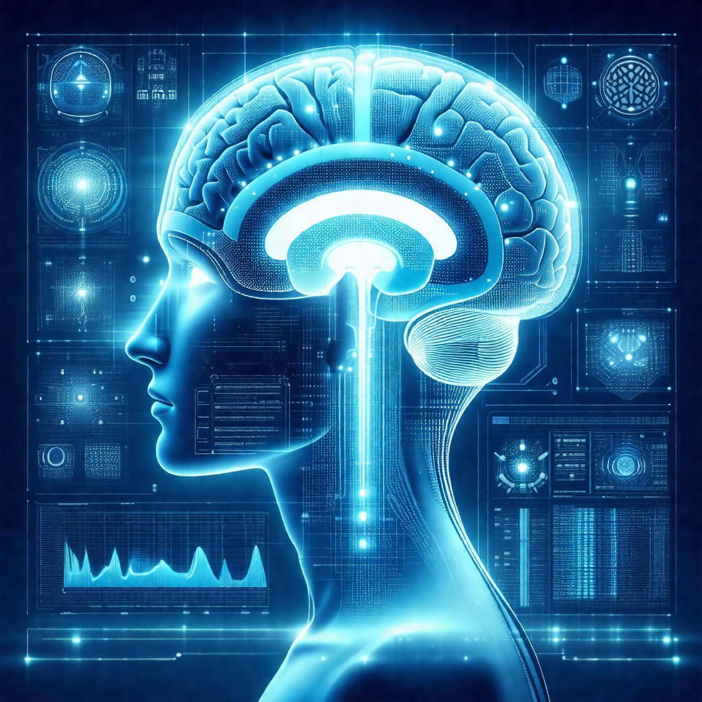 Close-up of a human head with a blue, digital-like backgr...