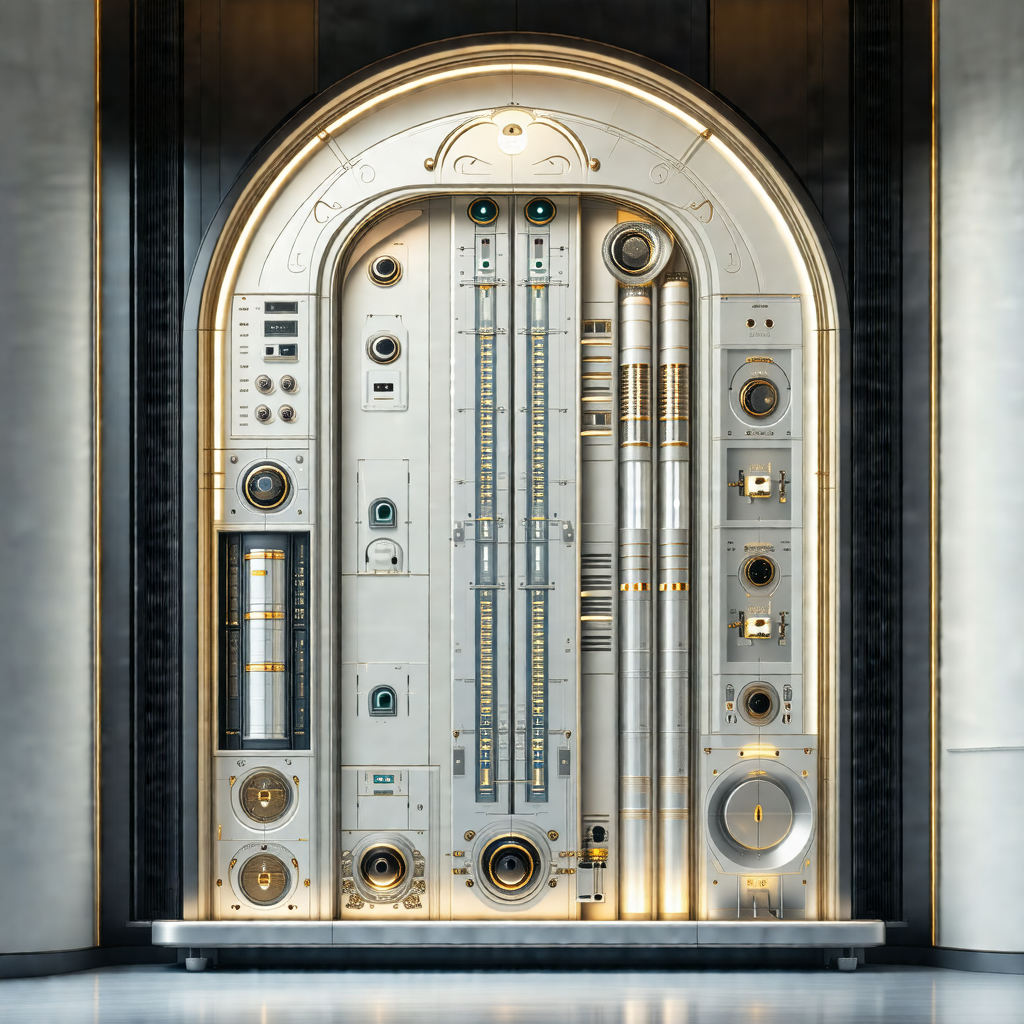 Large, metallic door with a variety of buttons and knobs ...