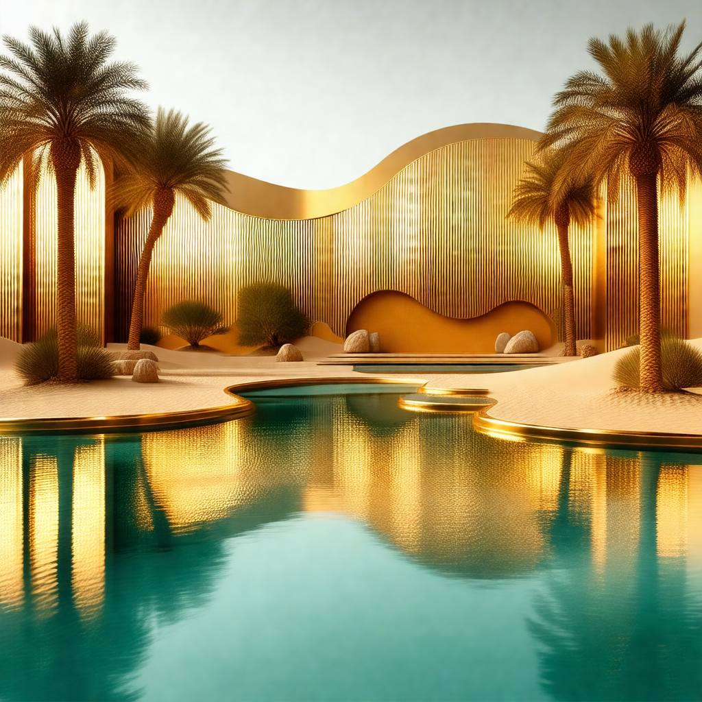 Large, modern building with a large pool in front of it