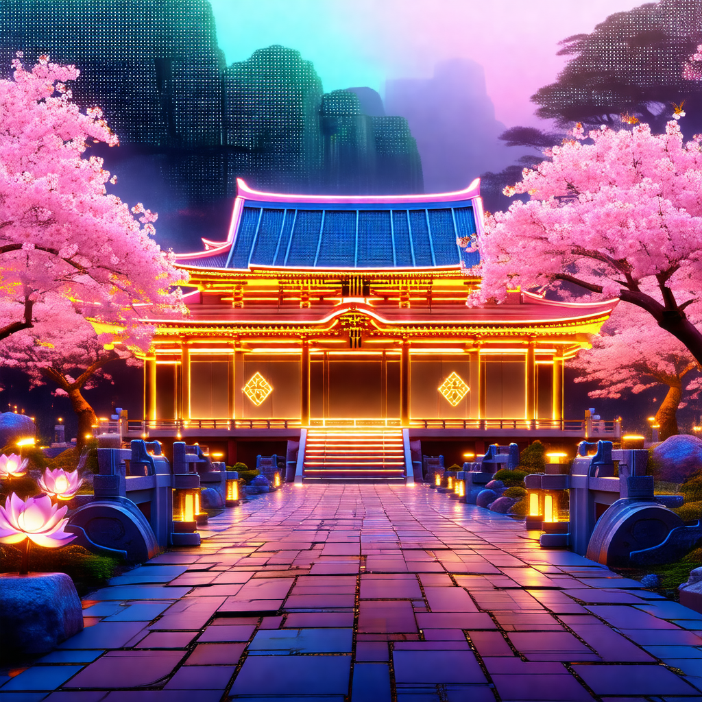 Beautifully drawn digital painting of a chinese temple wi...