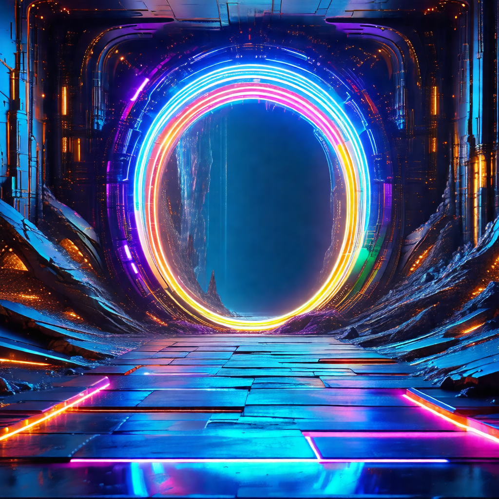 Futuristic, colorful tunnel with a rainbow-colored light ...