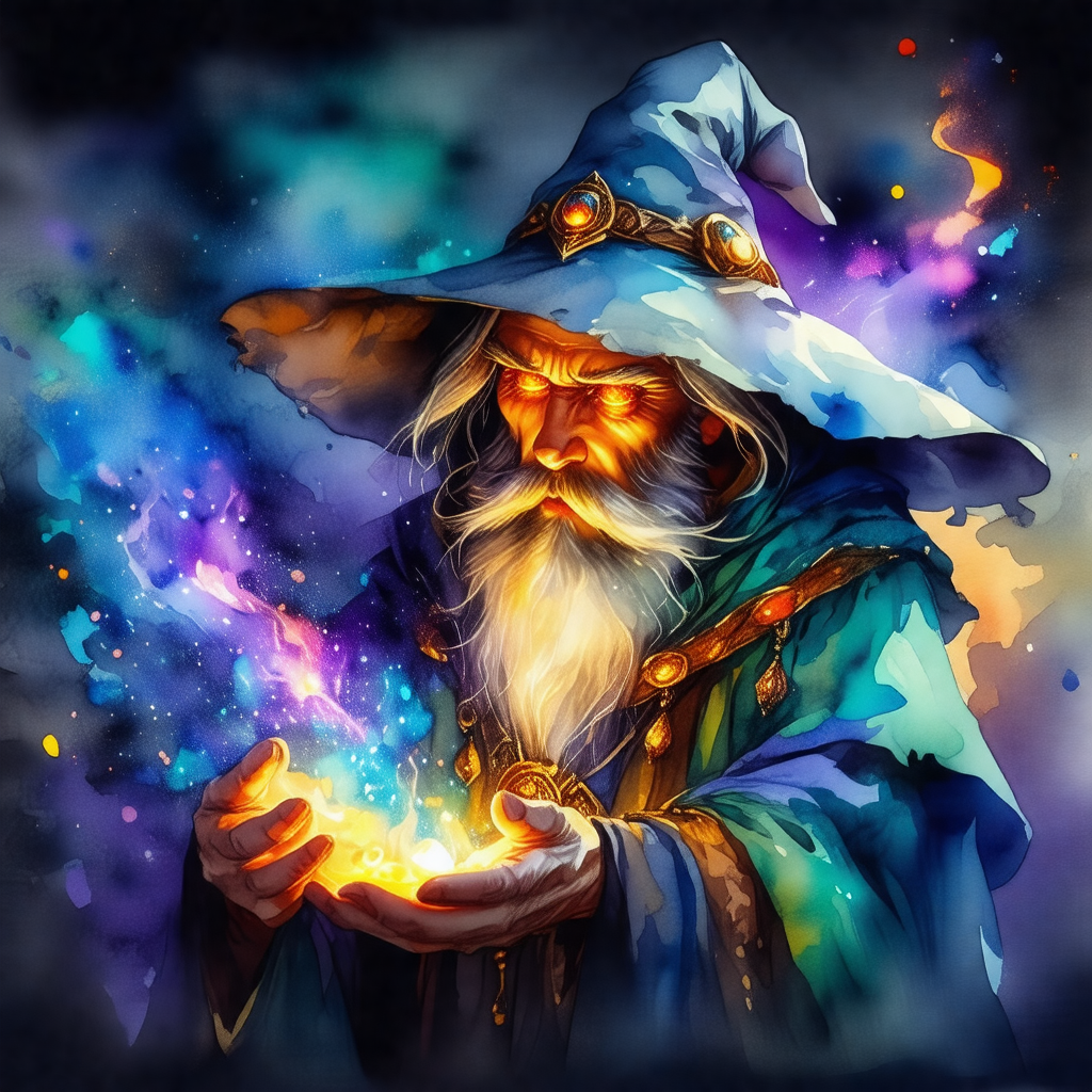 Wizard with a long white beard, wearing a blue robe and a...