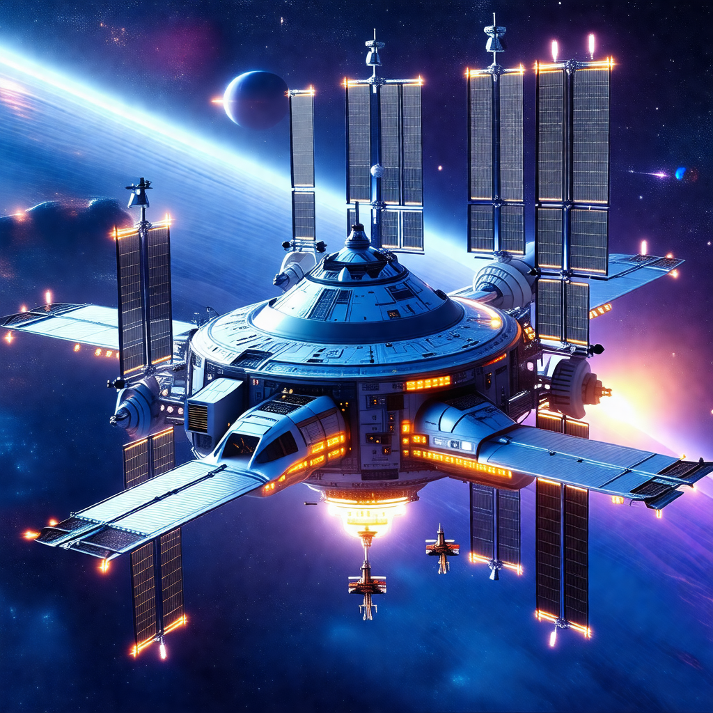Futuristic spacecraft with a large, round, and blue struc...