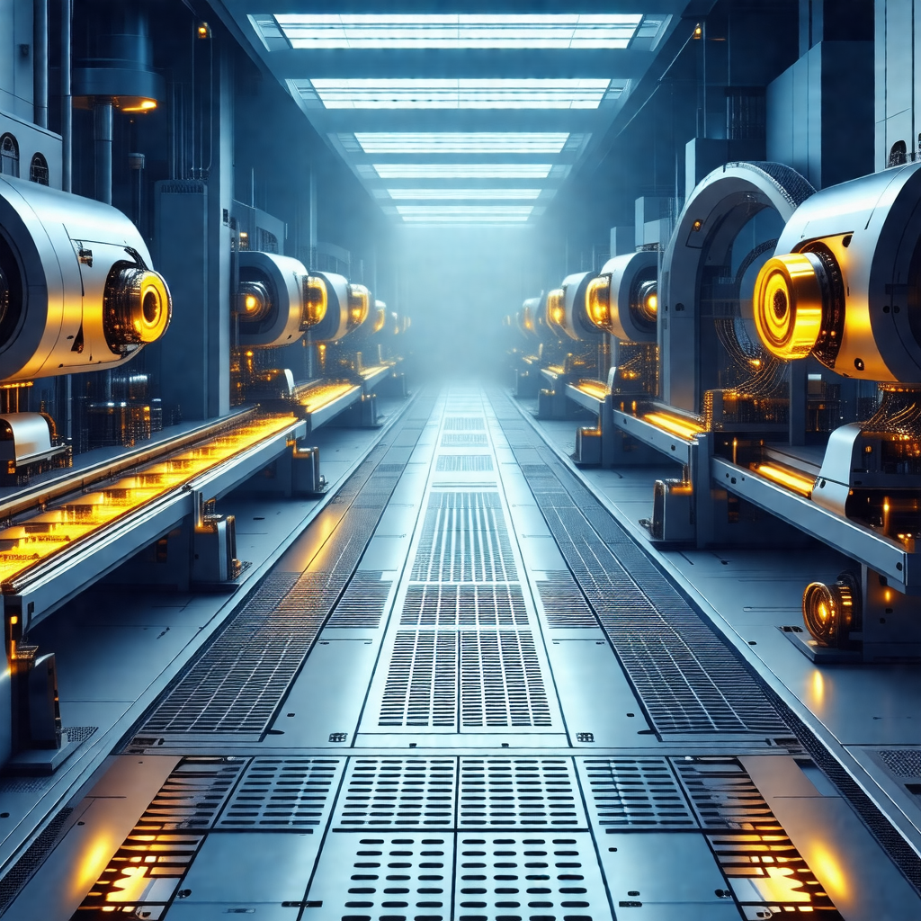 Factory with a long row of machines lined up along a conv...