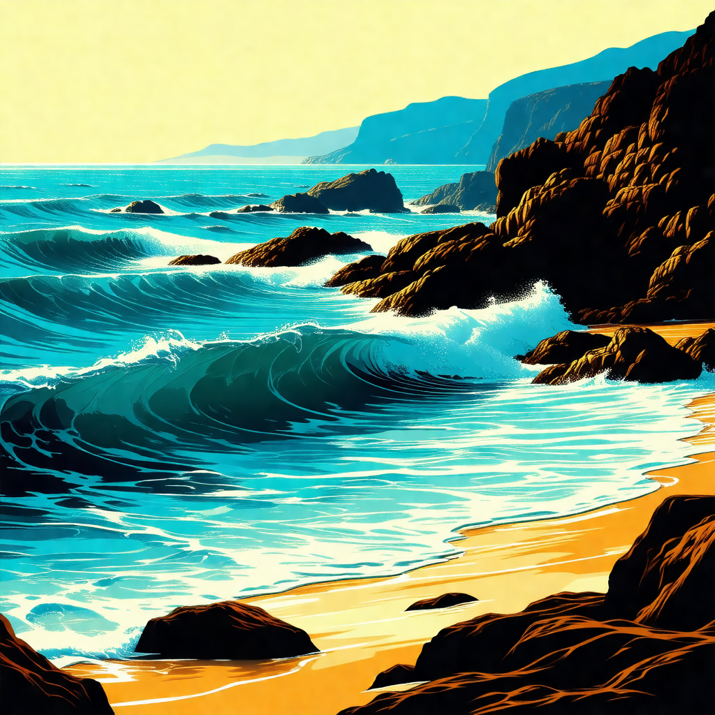 Painting of a beach scene with a large body of water in t...