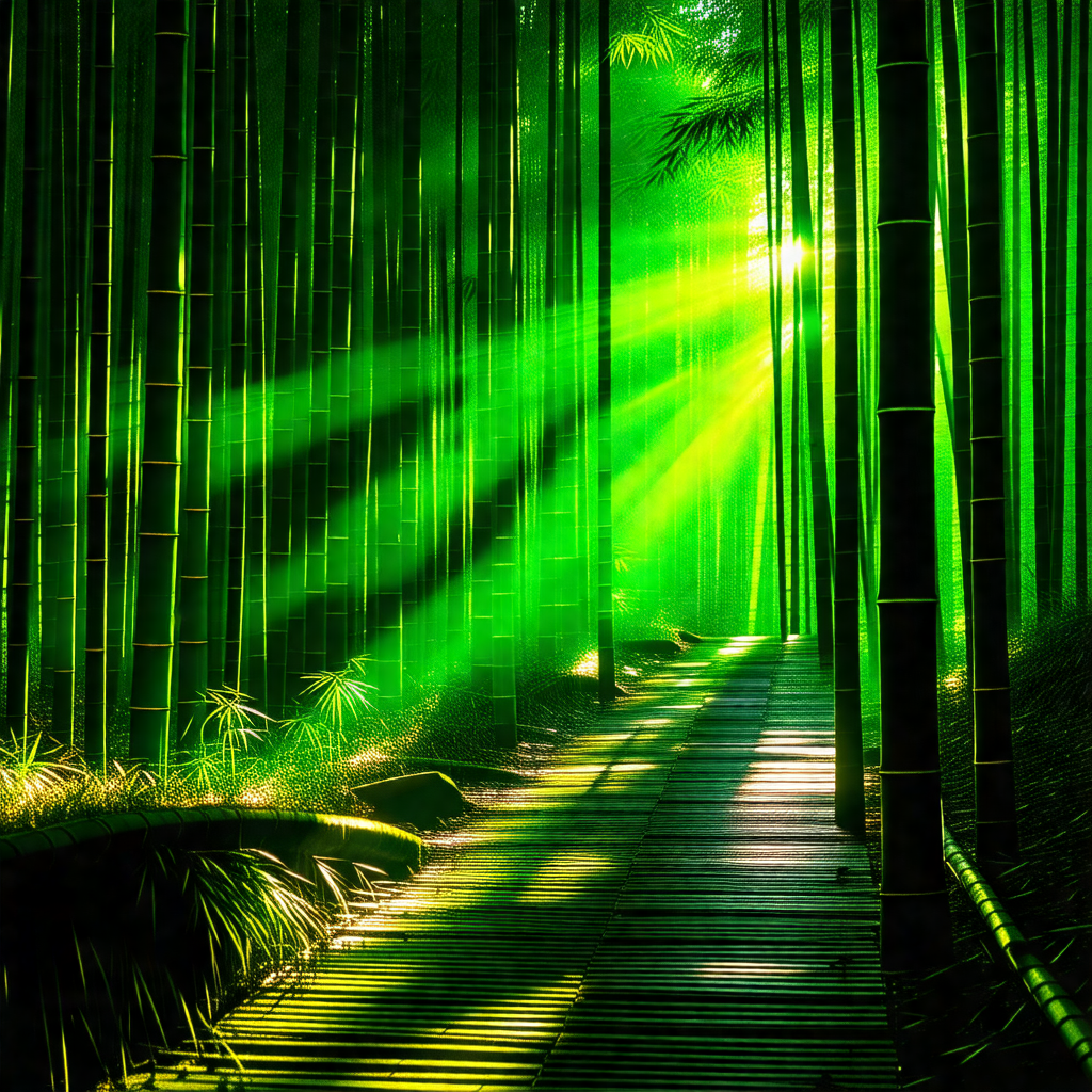 Pathway surrounded by a forest of bamboo trees