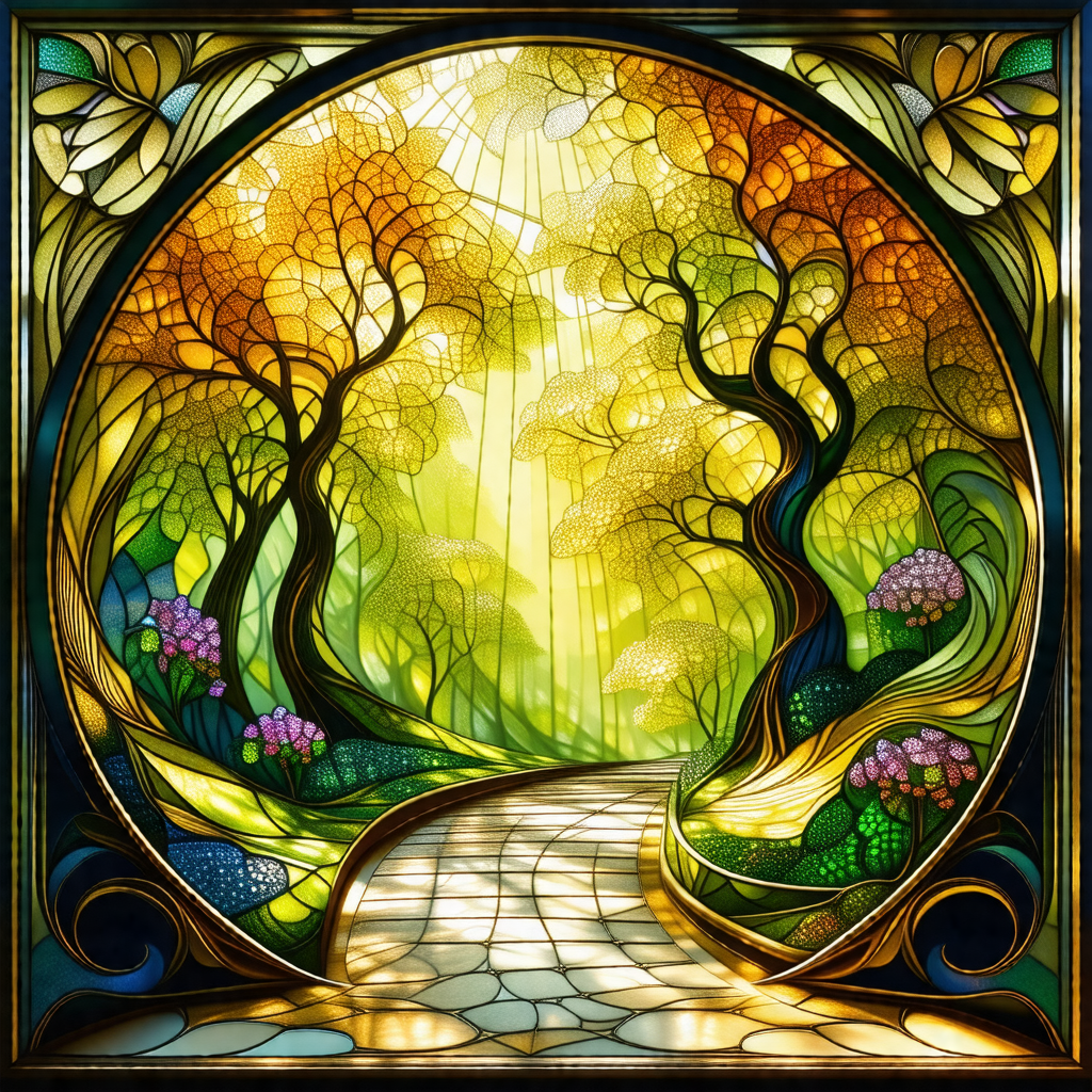 Beautifully designed stained glass window, depicting a fo...