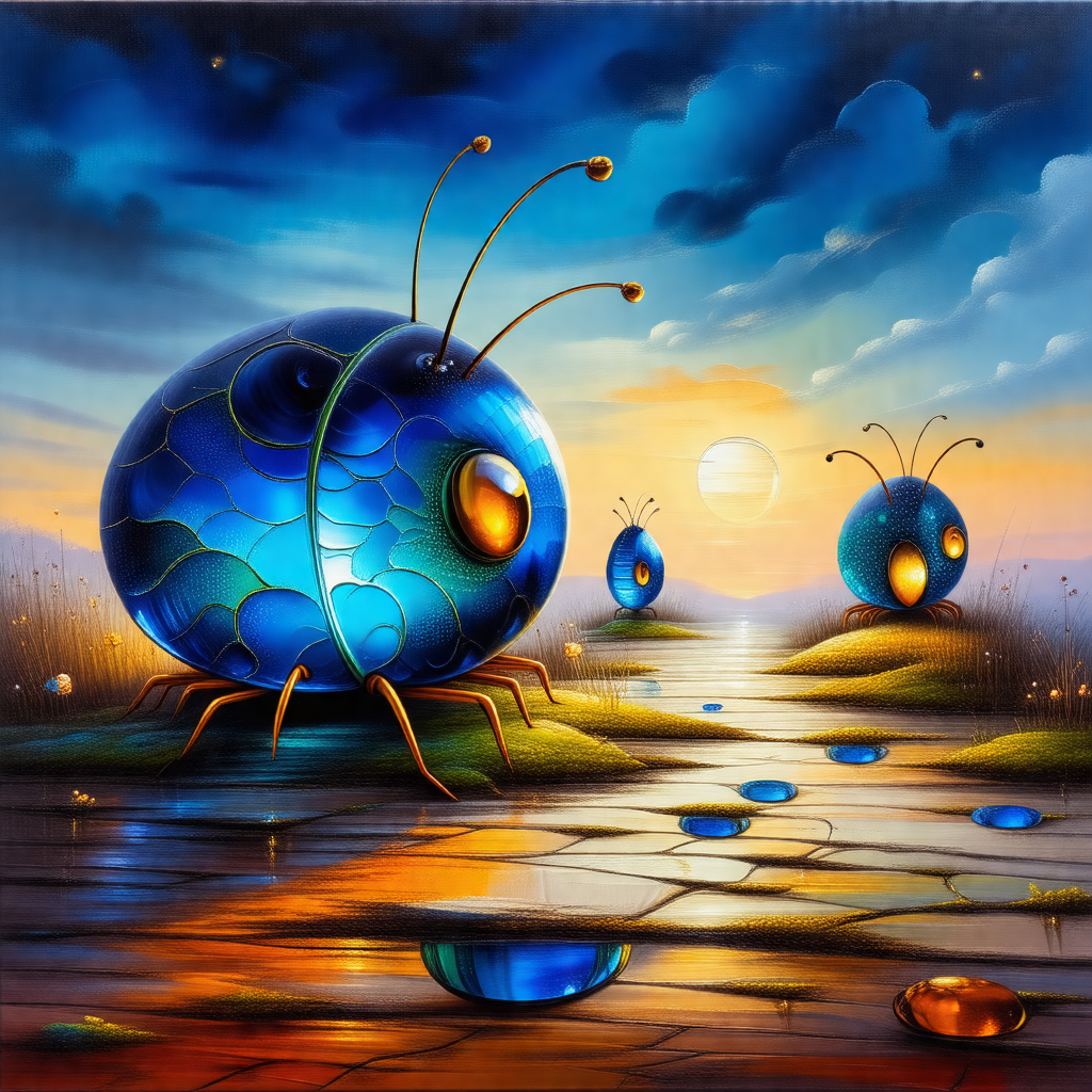 Group of blue and yellow insects, possibly beetles, stand...