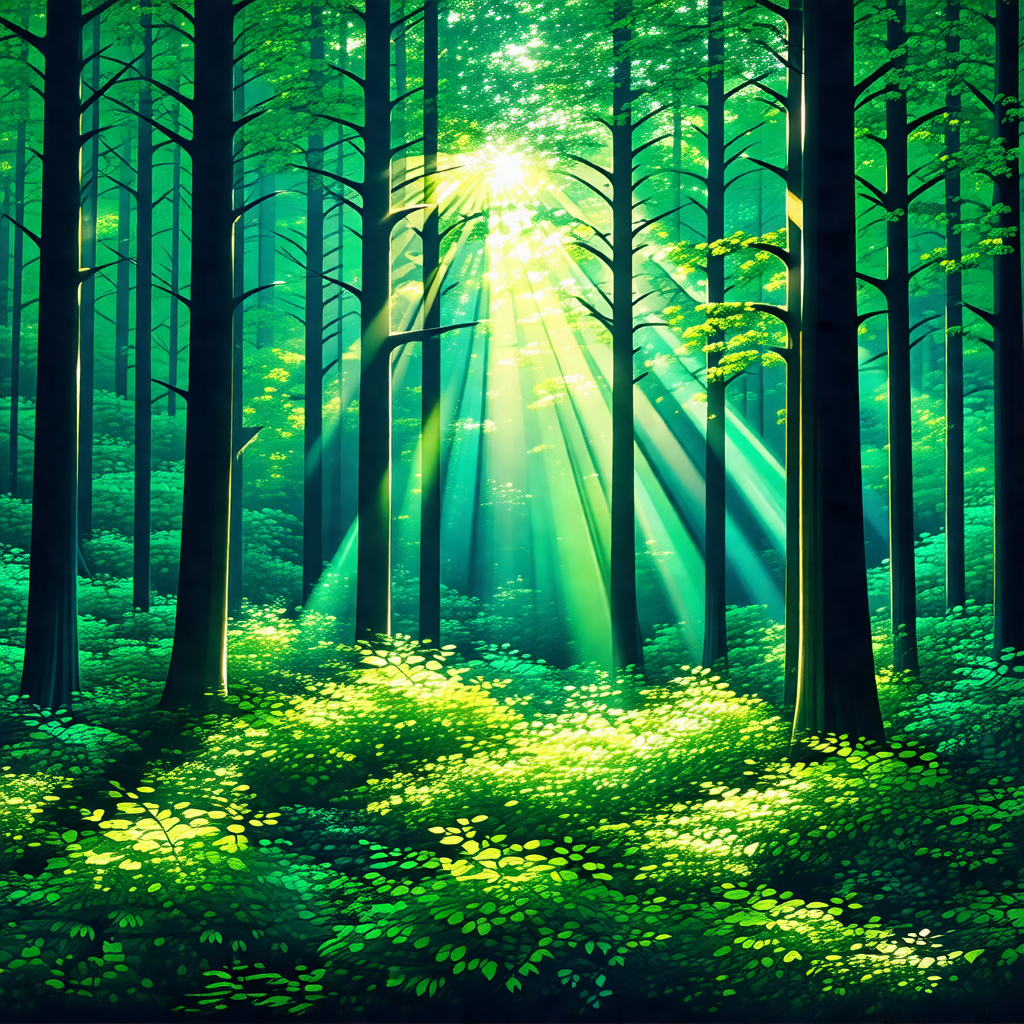 Lush green forest filled with trees and sunlight