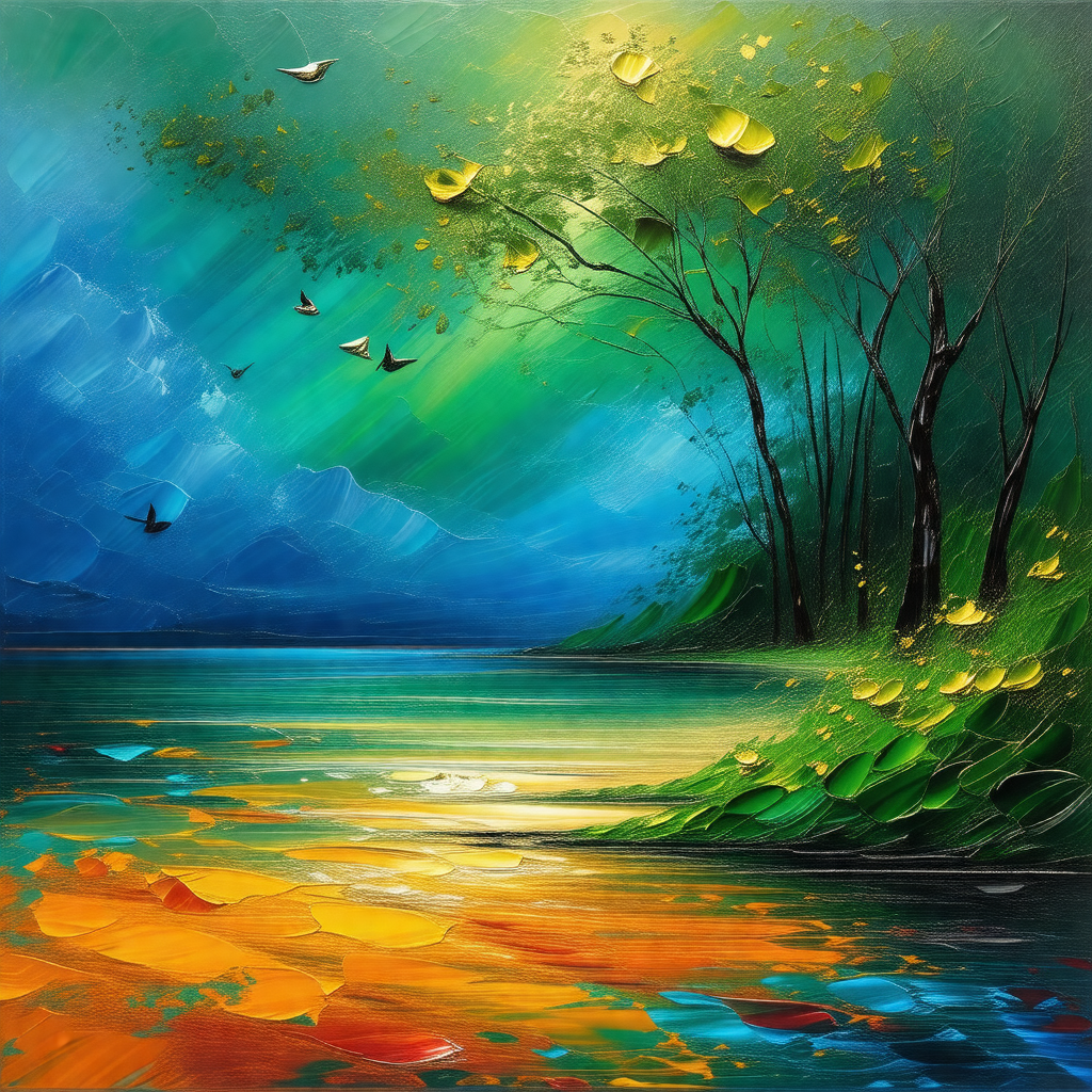 Beautiful painting of a tree with yellow leaves, situated...