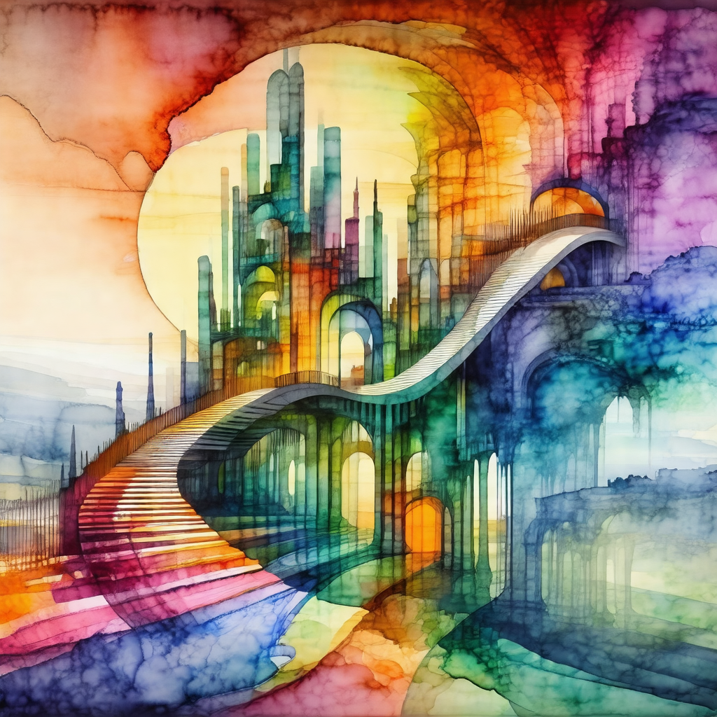 Colorful painting of a city with a large castle in the ce...