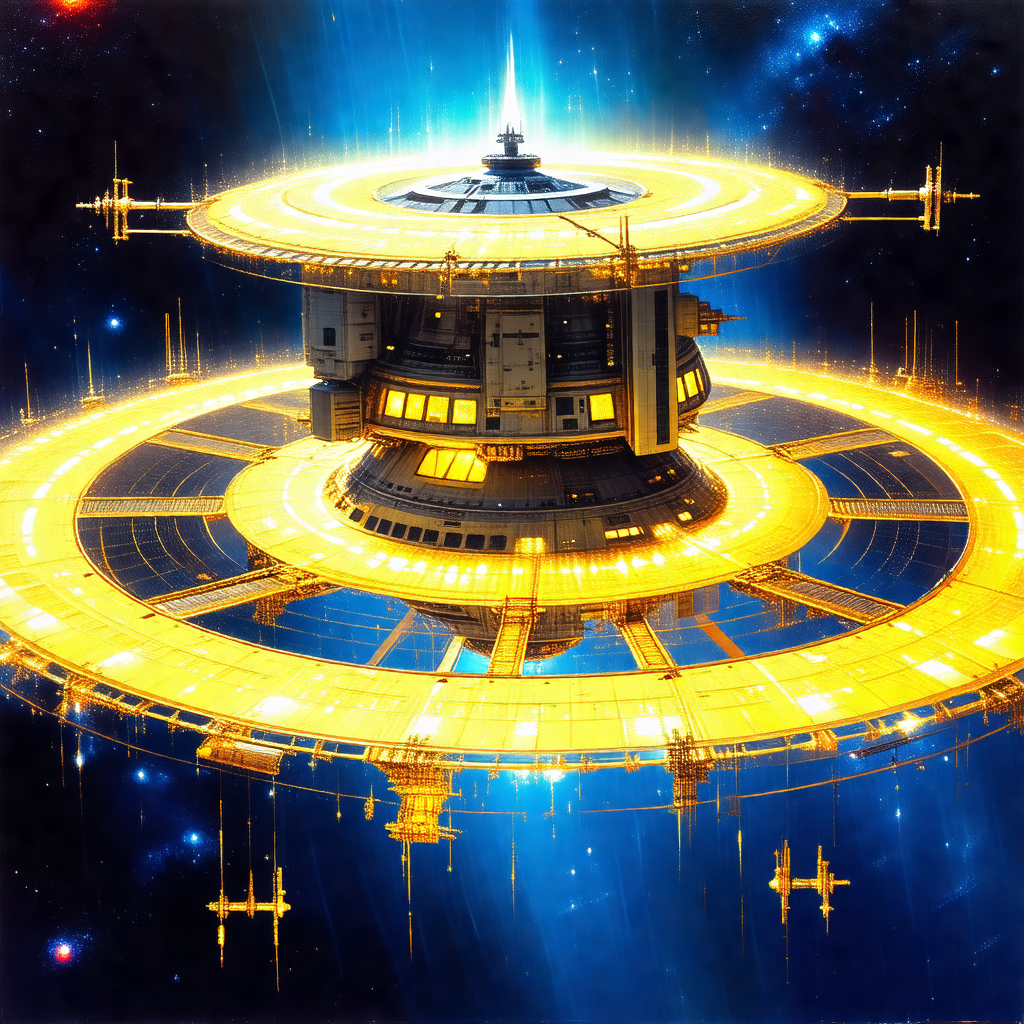 Futuristic painting of a large space station with a dome-...
