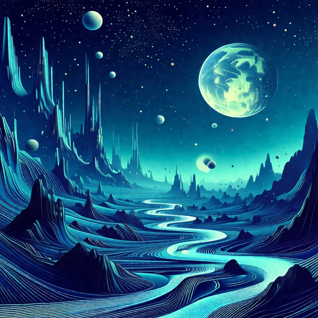 Blue and white painting of a futuristic cityscape