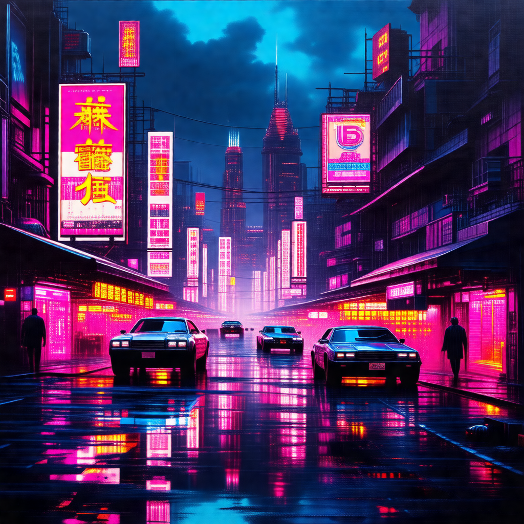 City street at night, with a group of cars driving down t...