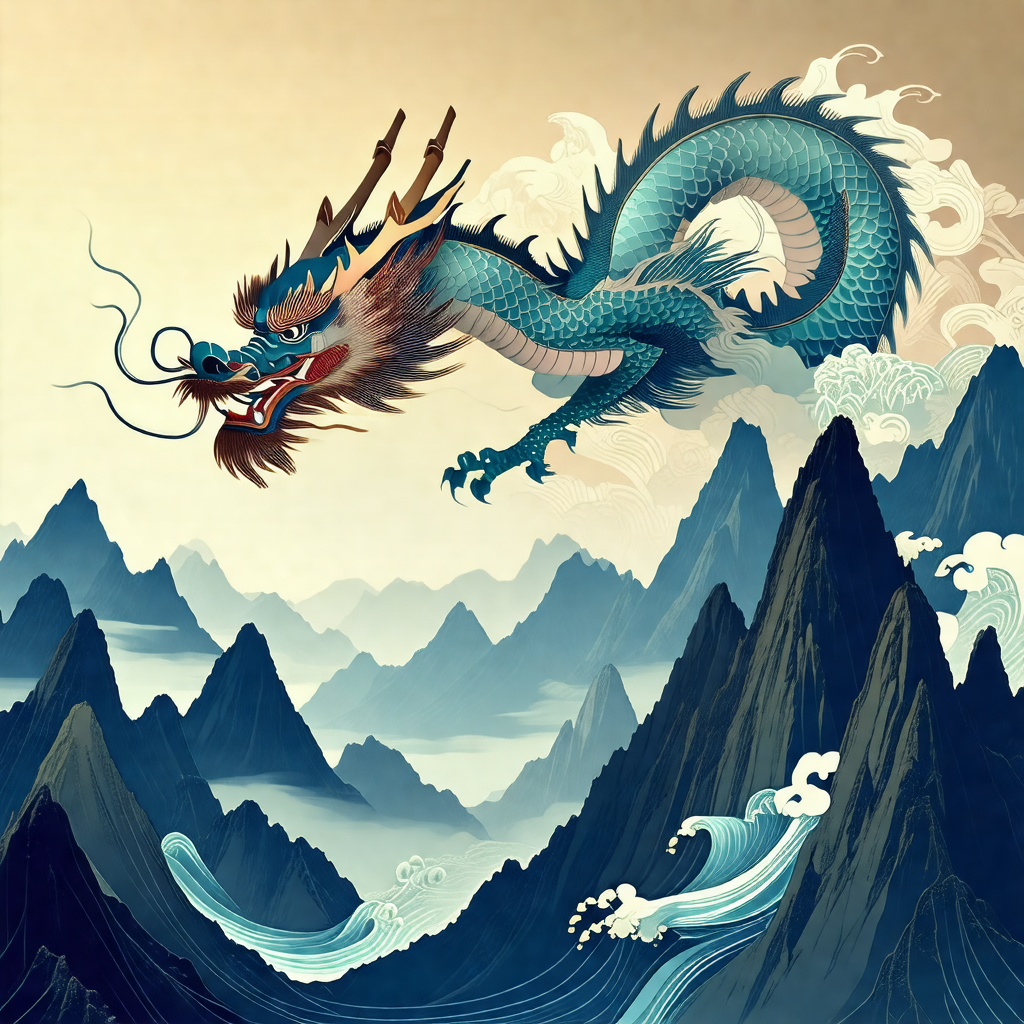 Dragon with a long, curved tail, flying through the air o...