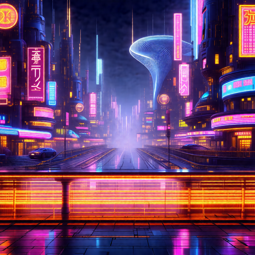 Futuristic cityscape with a long, brightly lit street