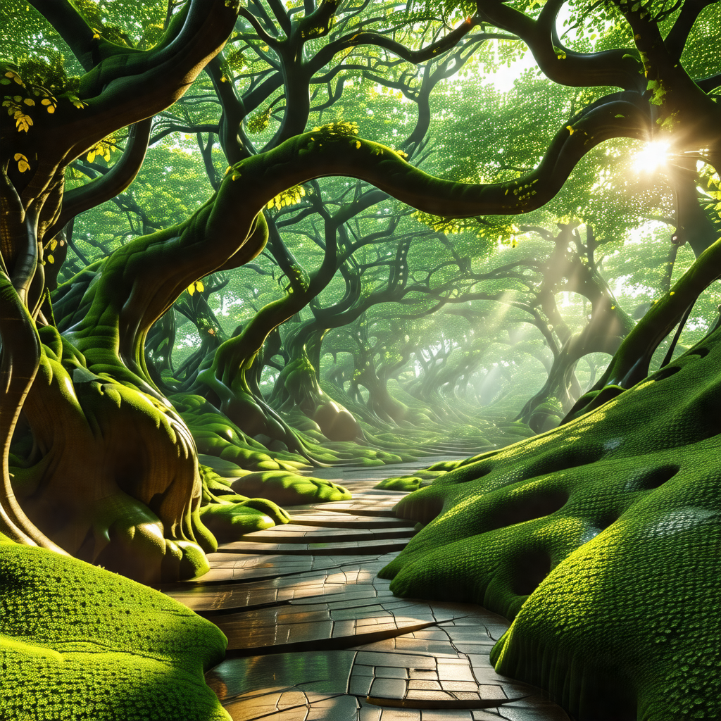 Lush, green forest with a dirt path running through it