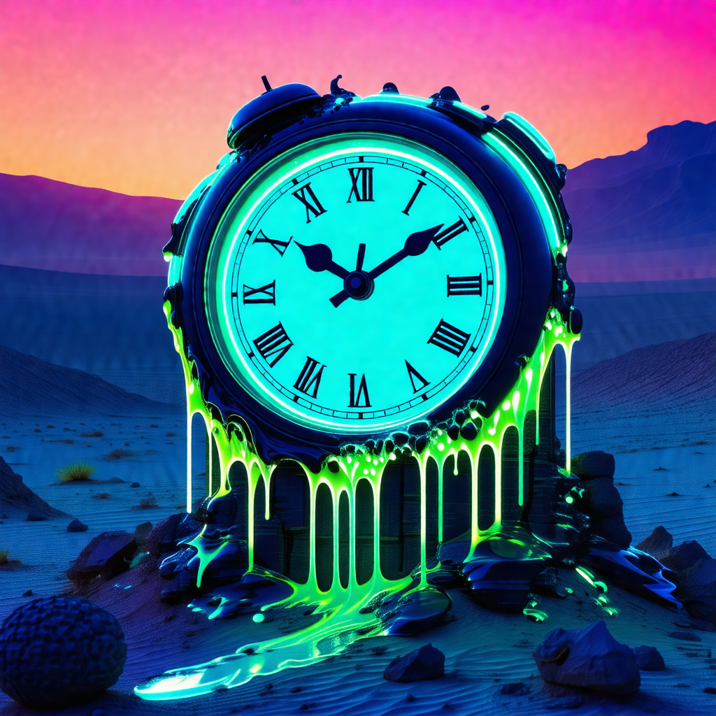 Large, glowing clock with neon green and blue colors