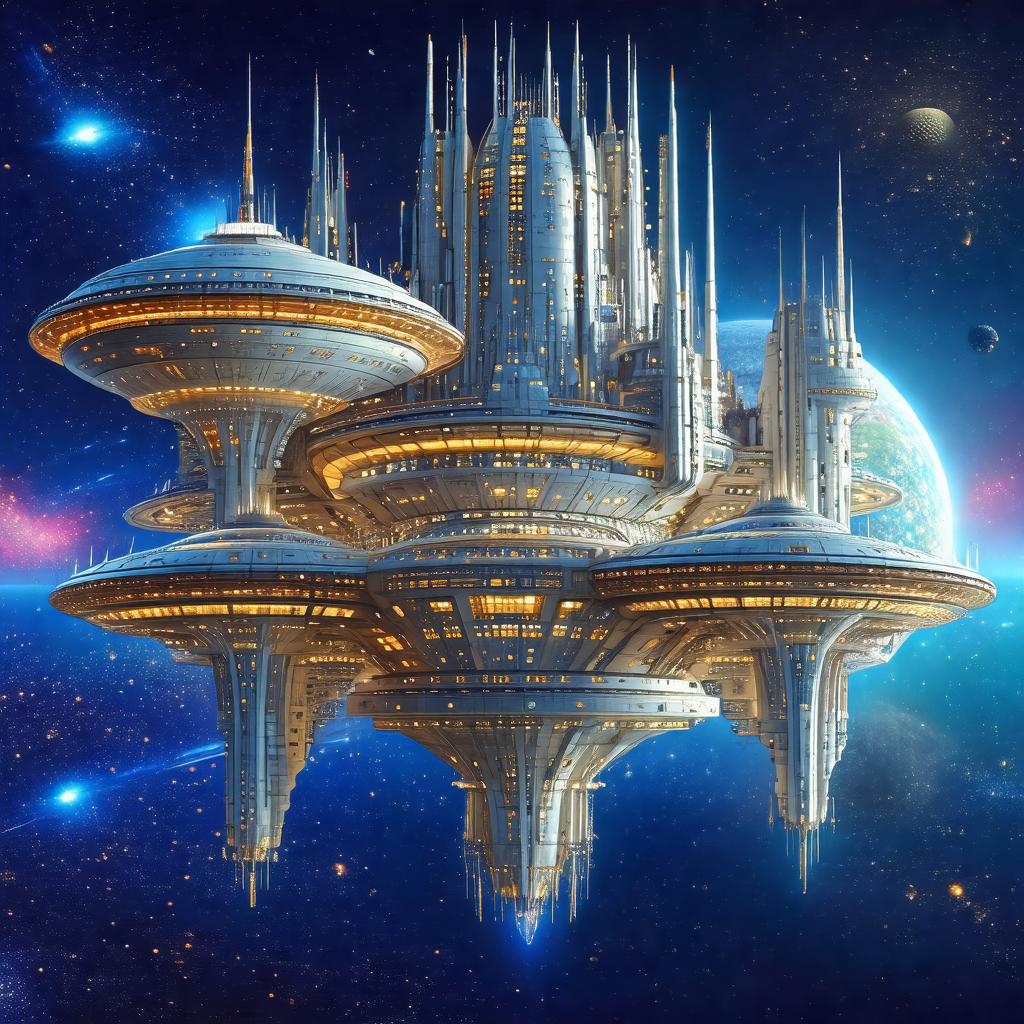 Futuristic cityscape with a large, sprawling cityscape in...